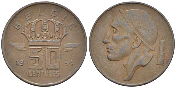 БЕЛЬГИЯ 50 САНТИМОВ 1954 BELGIE, БОДУЭН I (1951-1993) KM 145 бронза 116-962