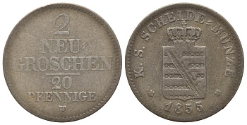 Саксония 2 гроша = 20 пфеннигов 1855 F KM 1160 серебро 413-6125