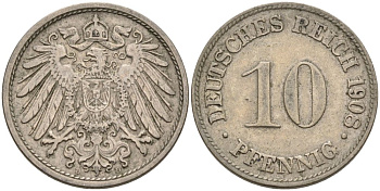 Германия 10 пфеннигов 1908 D KM 12, J. 13 медно-никель 4575-615