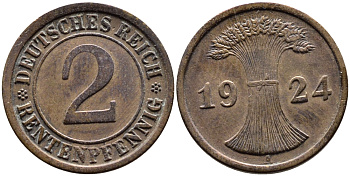 ГЕРМАНИЯ 2 РЕНТЕНПФЕННИГА 1924 A KM 31, J.307 бронза 4387-1132