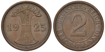 Германия 2 рейхспфеннига 1925 A KM 38, J. 314, Weege 4 бронза 4121-557