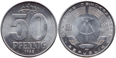 ГДР 50 пфеннигов 1968 А KM 12.2 алюминий UNC 76-1023