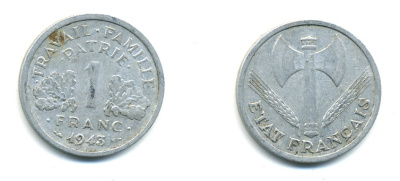 ФРАНЦИЯ 1 ФРАНК 1943 LB, ТИП LEGERE, ПРАВИТЕЛЬСТВО ВИШИ KM 902.1, LE FRANC 223.3 алюминий 80-633