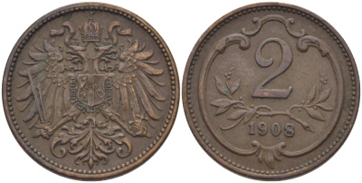 АВСТРИЯ 2 ГЕЛЛЕРА 1908 ФРАНЦ ЙОЗЕФ I (1848-1916) KM 2801 бронза 100-139