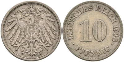 Германия 10 пфеннигов 1908 D KM 12, J. 13 медно-никель 4575-615