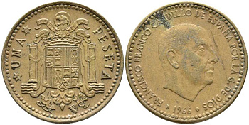 ИСПАНИЯ 1 ПЕСЕТА 1966 (69) ФРАНСИСКО ФРАНКО ДИКТАТОР ИСПАНИИ (1939-1975) KM 796 алюминиевая бронза 110-1216