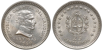 Уругвай 25 сентесимо 1960 KM 40 медно-никель 4169-837
