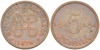 ФИНЛЯНДИЯ 5 ПЕННИ 1974 KM 45 медь 4516-1263