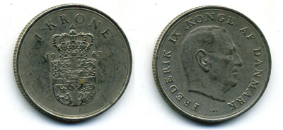 ДАНИЯ 1 КРОНА 1963 C; S, ФРЕДЕРИК IX (1947-1972) KM 851.1 медно-никель 56-347