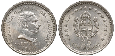 Уругвай 25 сентесимо 1960 KM 40 медно-никель 4169-837