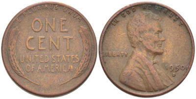 США 1 ЦЕНТ 1950 D, ЛИНКОЛЬН KM А132 медь цинк 218-543