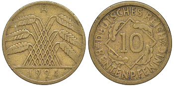 Германия 10 рентенпфеннигов 1924 A KM 33, J. 309 алюминиевая бронза 4604-641