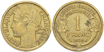 Франция 1 франк 1939 тип Морлон KM 885, LE FRANC 219.10 алюминиевая бронза 4402-854