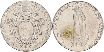 Ватикан 1 лира 1941 Пий XII, Дева Мария KM 26 a сталь UNC 63-856