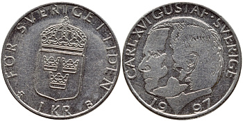 Швеция 1 крона 1997 Карл XVI Густав (1973- ) KM 852a медно-никель 4382-1134