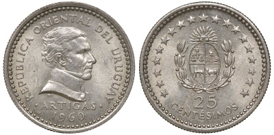 Уругвай 25 сентесимо 1960 KM 40 медно-никель 4169-847