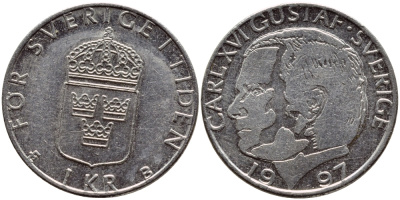 Швеция 1 крона 1997 Карл XVI Густав (1973- ) KM 852a медно-никель 4382-1134