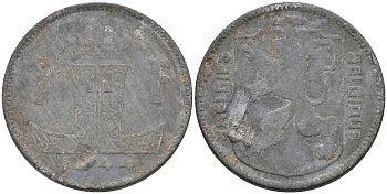 Бельгия 1 франк 1944 BELGIE-BELGIQUE, немецкая оккупация KM 128 цинк 4592-511