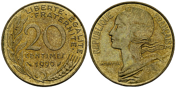 Франция 20 сантимов 1990 тип Marianne KM 930 медь алюминий никель 4135-637