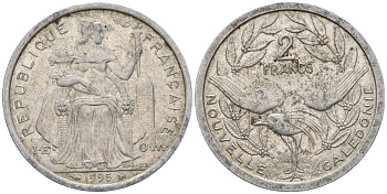 Французская Новая Каледония 2 франка 1995 птица кагу, (IEOM) KM 14, Schoen 11, Lec 68 алюминий    23-831