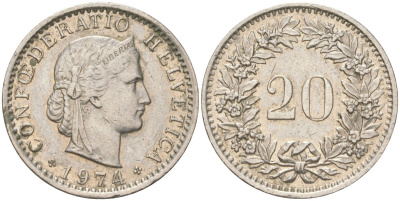 Швейцария 20 раппенов 1974 KM 29a медно-никель 4621-926
