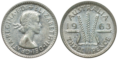 Австралия 3 пенса 1963 m, Елизавета II (1952-2022) KM 57 серебро 71-937