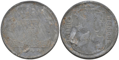 Бельгия 1 франк 1944 BELGIE-BELGIQUE, немецкая оккупация KM 128 цинк 4592-511