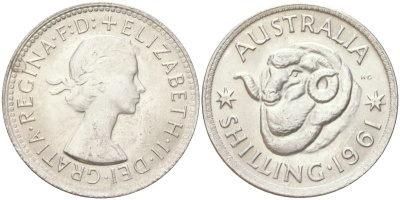 Австралия 1 шиллинг 1960 M, Елизавета II (1952-2022), овца меринос KM 59 серебро 4622-225