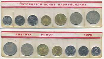 Австрия набор из 7 монет  1979  2, 5, 10, 50 грошей, 1, 5, 10 шиллингов, в целлофане KM PS 39 PROOF 4400-3-2