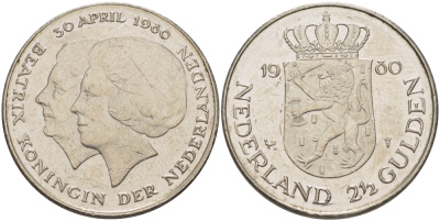 Нидерланды 2 1/2 гульдена 1980 коронация Беатрикс, 30 апреля 1980 KM 201 никель 38-126