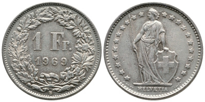 ШВЕЙЦАРИЯ 1 ФРАНК 1969 В KM 24а.1 медно-никель 83-1931