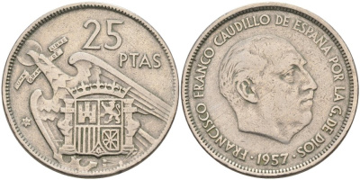Испания 25 песет 1957 (64) Франциско Франко (1939-1975) KM 787 медно-никель 4574-435