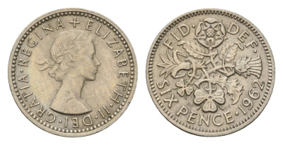 Великобритания 6 пенсов 1962 Елизавета II (1952-2022) KM 903, Spink 4149 медно-никель 100-1022
