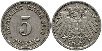 ГЕРМАНИЯ 5 ПФЕННИГОВ 1912 F KM 11, Jager 12, Weege 6 медно-никель 4547-531