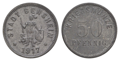 Бенсхайм 50 пфеннигов 1917 Funck 34.4, Men05 1739.5, Men18 2245.5 цинк 3459-542