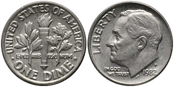 США 10 центов (дайм) 1982 P, Рузвельт KM 195а медь плакированная медно-никелем 112-644