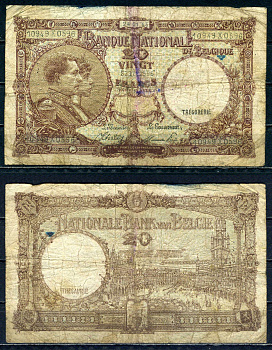 Бельгия 20 франков 1945 24.01.1945, Король Альберт I и его жена Королева Елизавета, Гран-Плас / Гроте Маркт, Брюссель Pick 111 (3) бумага 6301-13-1-1