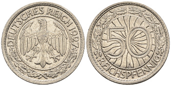 Германия 50 рейхспфеннигов 1927 A KM 49, J. 324 никель 60-1141