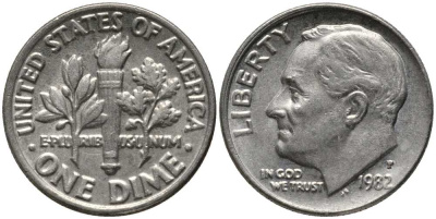 США 10 центов (дайм) 1982 P, Рузвельт KM 195а медь плакированная медно-никелем 112-644