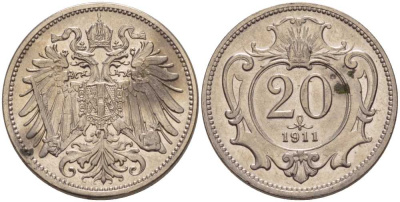 АВСТРИЯ 20 ГЕЛЛЕРОВ 1911 АВСТРО-ВЕНГЕРСКАЯ ИМПЕРИЯ KM 2803 никель 117-845