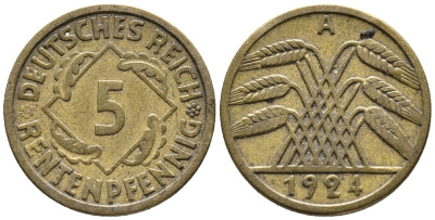 ГЕРМАНИЯ 5 РЕНТЕНПФЕННИГОВ 1924 A KM 32, J. 308 алюминиевая бронза 39-454