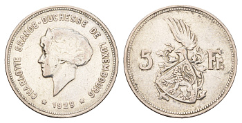 Люксембург 5 франков 1929 год-тип KM 38 серебро 4675-746