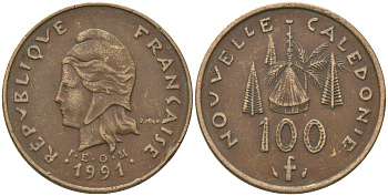 Французская Новая Каледония 100 франков 1991 хижина среди сосен и пальм, (IEOM) KM 15, Schoen 16, Lec 136 никель бронза 88-614