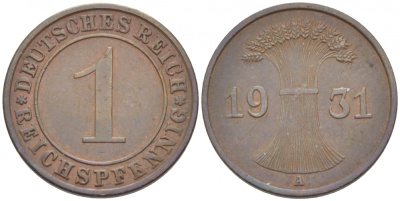 Германия 1 рейхспфенниг 1931 A KM 37, J. 313 бронза 116-758
