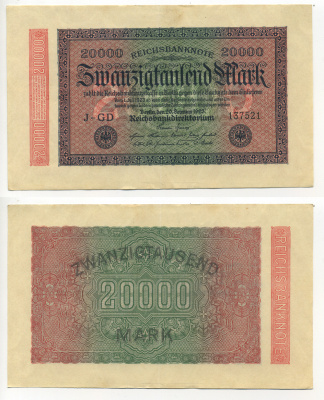 ГЕРМАНИЯ 20000 МАРОК 1923 20 ФЕВРАЛЯ 1923, ВОДЯНОЙ ЗНАК Е, В ЗВЁЗДАХ G/D Pick 85b бумага 6317-27-1