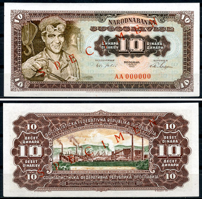 Югославия 10 динаров 1965 сталевар, завод в Зенице, Specimen, Образец, красная диагональная надпечатка Pick 78 s  бумага  UNC (пресс) 451-1271-3