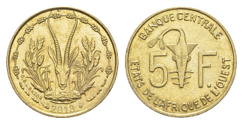 Западная Африка (BCEAO) 5 франков 2013 KM 2a медь алюминий никель UNC 4651-911