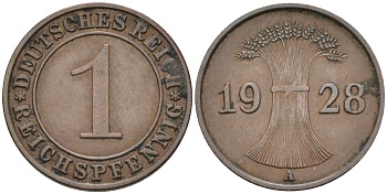 Германия 1 рейхспфенниг 1928 А, Веймарская республика KM 37 бронза 4387-322