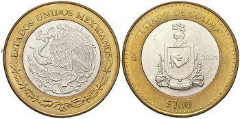 Мексика 100 песо 2005 180 лет Федерации - Колима KM 729 биметалл, серебро BU 00-1067-7-41