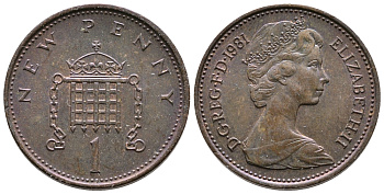 Великобритания 1 пенни 1981 Елизавета II (1952-2022) KM 915, Spink 4237 (B1) бронза 87-316